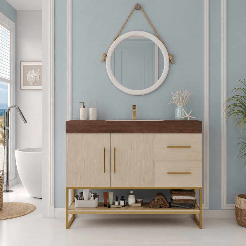 Ensemble de meuble-lavabo simple 36 po avec comptoir en pierre frittée et lavabo en céramique, Chêne + noyer