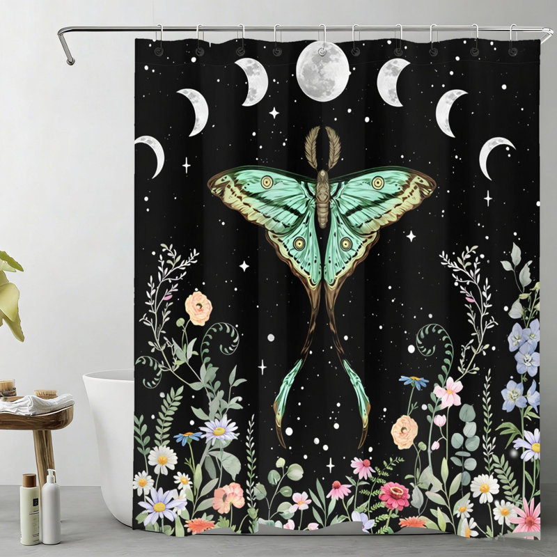 Rideau de bain floral Luna Moth phases de lune 72 x 72 po avec crochets
