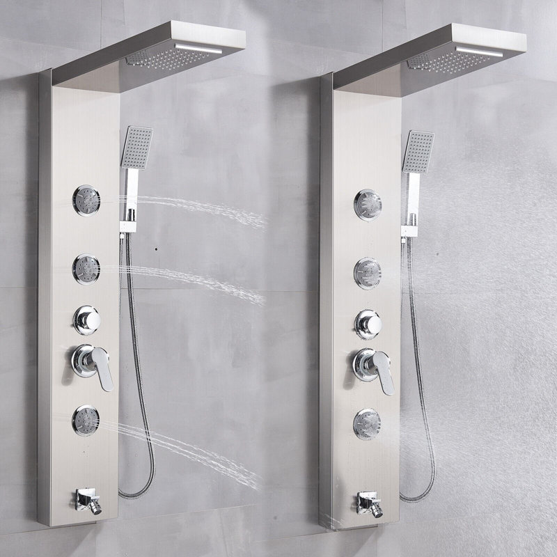 Shower Panel Massage Jets Rainfall Waterfall Shower Head, Shower Stainless Steel Wall Mount Massage Multi-function Bathroom Shower Panel Tower System, Brushed Nickel
