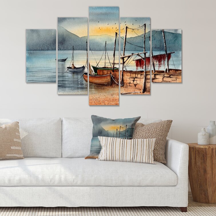 Several Fishing Boats in The Harbor of The Lake II - 5 Piece Wrapped Canvas Painting Design Art