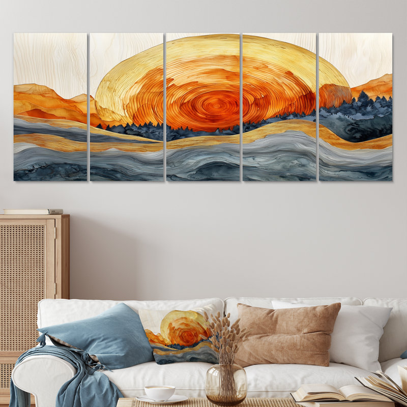 «Sunrise Tree In Forest Landscape I», art mural forêt - ensemble d'art mural traditionnel 5 pièces, H 28 po x l 60 po