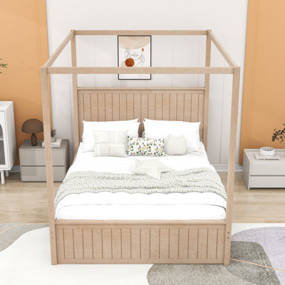 Queen Wooden Canopy Bed with 3 Drawers and Trundle