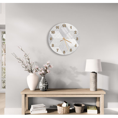 Tempered Glass Wall Clock, Modern Textured Geometric Design, Elegant White Grey Home Decor, Unique Silent Quartz Timepiece
