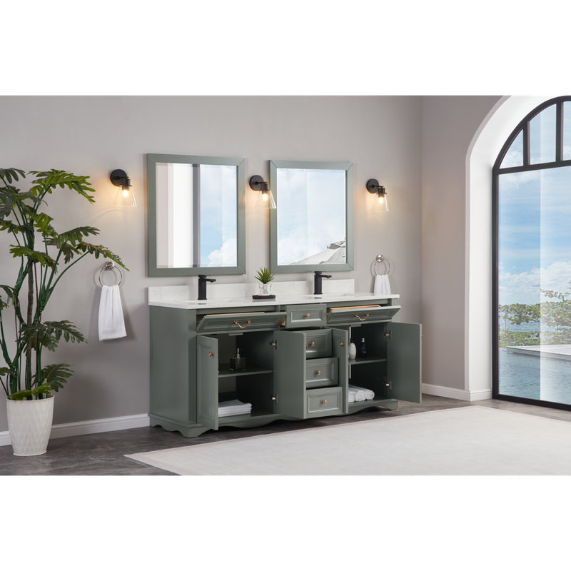 72" Solid Wood Sink Vanity  With 1' Artificial Stone Top, Pewter Green