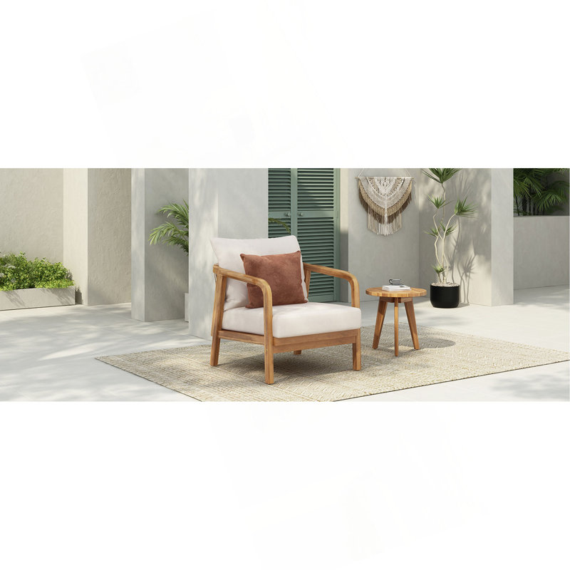 Méridienne d'extérieur 28 po avec dossier tissé, structure en bois massif, coussins confortables et accoudoirs courbés pour la terrasse ou le jardin