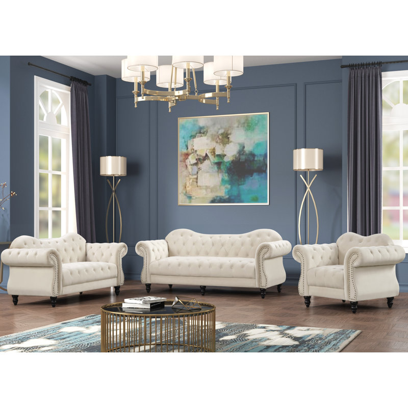 Ensemble de salon 3 pièces Yalfurnishings Ilgvars, Velours beige
