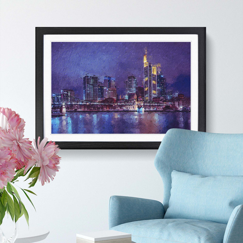 The Frankfurt Skyline in Germany at Night - Picture Frame Painting Print, Black Framed, 27cm H x 36cm W x 2cm D
