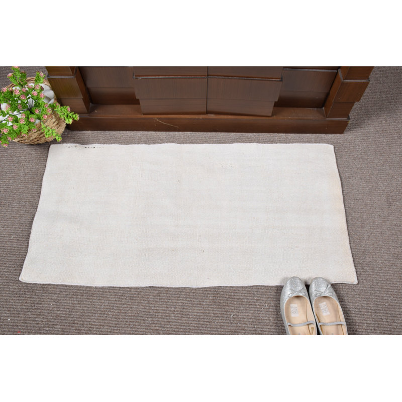 Antique Handwoven White Turkish Kilim Rug - Small Vintage Hemp Anatolian Door Mat