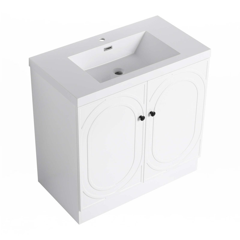 Meuble-lavabo autoportant avec lavabo en résine blanche, Blanc, Noir