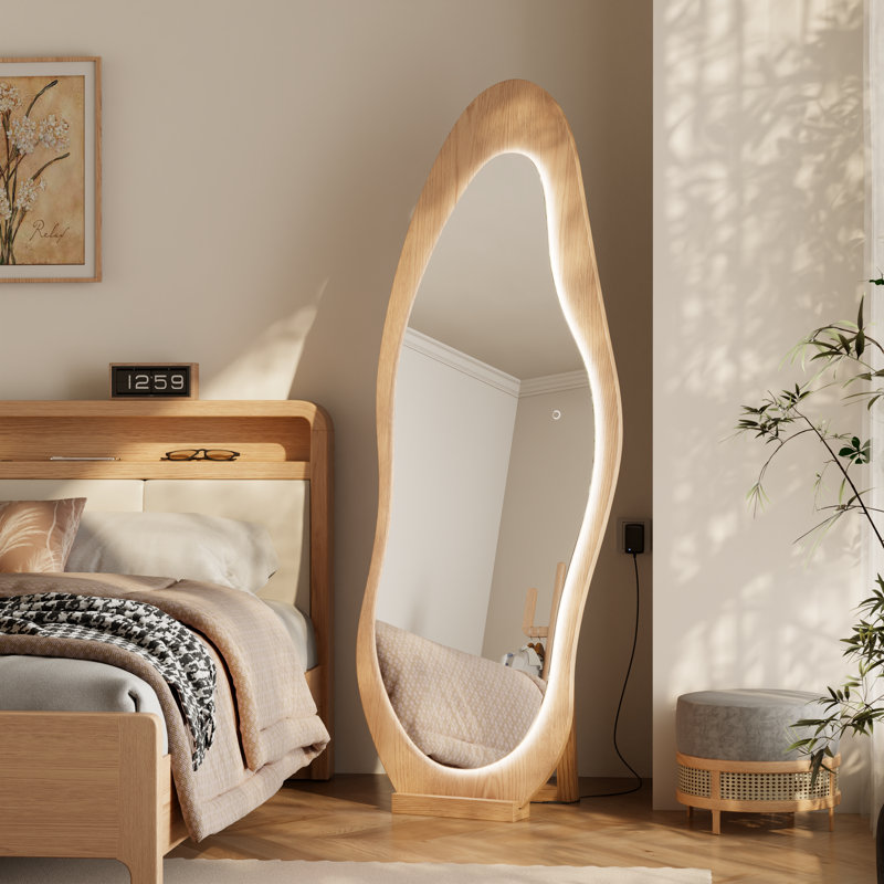 Wavy LED Full-Length Mirror, Solid Wood Frame, Shatterproof, Floor & Wall Mount, Tan
