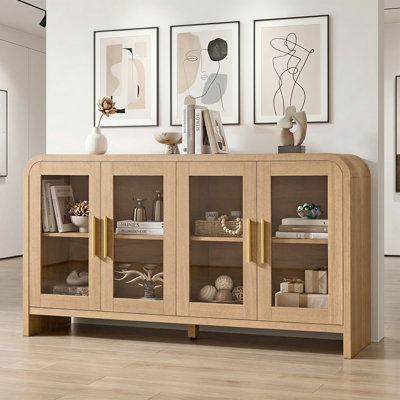 Modern Curved Sideboard, Buffet Storage Cabinet, Media Console  With 4 Glass Doors And Adjustable Shelves