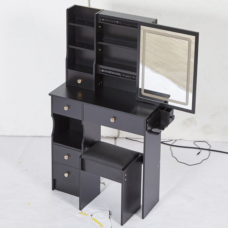 Petit meuble-lavabo 29,2 po avec tabouret de bureau et tabouret, Noir