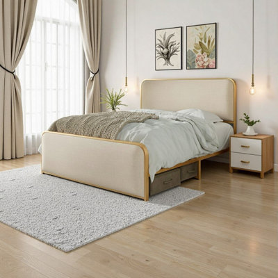 Cadre de lit élégant en métal doré moderne avec tête de lit tapissier courbée et rangement sous le lit - Grand, beige