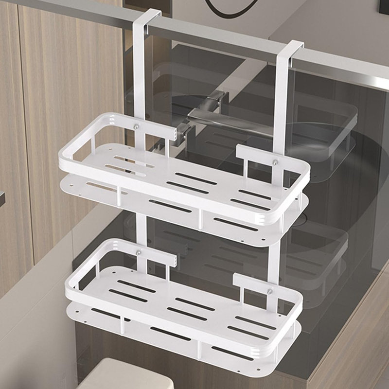 Serviteur de douche au-dessus de la porte - Blanc - Support de rangement de salle de bain à 2 niveaux antirouille, tablettes sans perçage