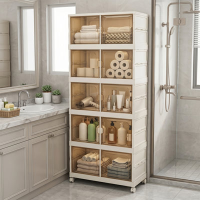 Adelaine All-in-One Foldable Storage Cabinet, 5 Tier 385QT Large Capacity Plastic Organizer Bins with Magnetic Doors and Wheels