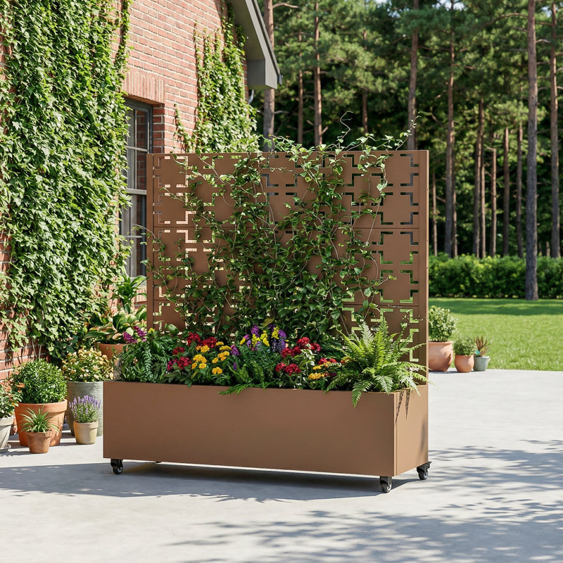 Boîte à fleurs en métal avec treillis et roues, H 47 po x l 47 po x P 16 po, Brun