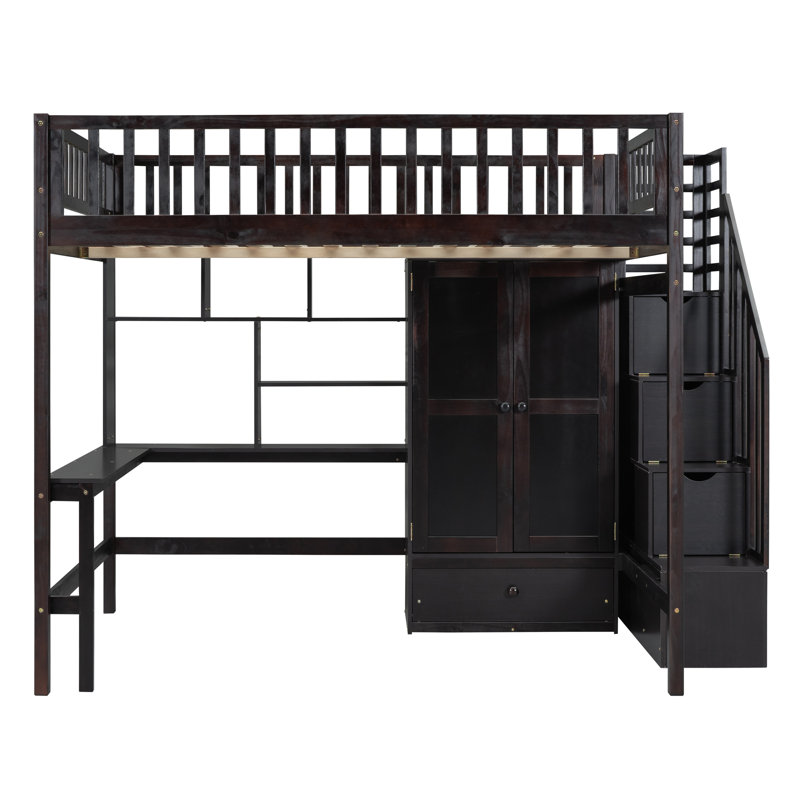 Lit mezzanine double avec bibliothèque, tiroirs, bureau et armoire-espresso