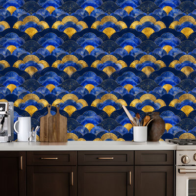 Peel and Stick Wallpaper Elegant Blue Gold Art Scallop Metallic Accents Contact Paper Removable Self Adhesive Wall Mural Wall Decor for Bedroom Kitchen Cabinets 24in x 118in