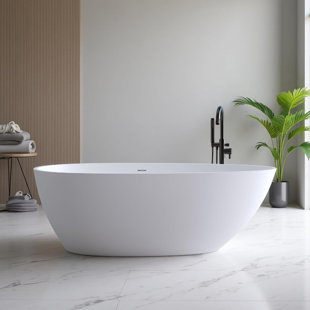Baignoire à surface solide de 59 po, baignoire de trempage blanche en forme d'œuf, baignoires autonomes avec trop-plein et bonde
