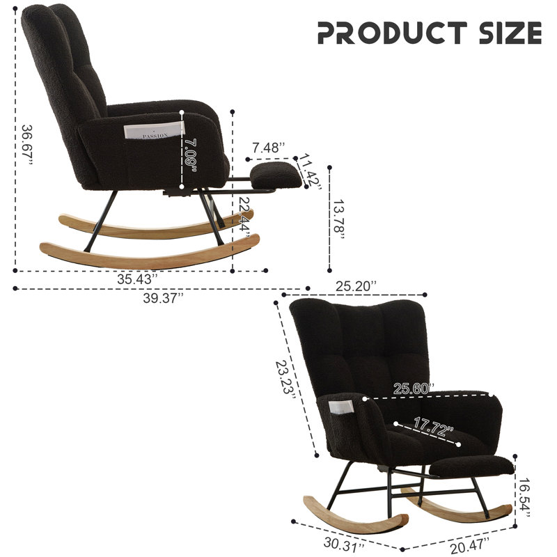 Ensemble fauteuil berçant à oreilles en tissu Teddy et repose-pieds, fauteuil à bascule d'allaitement avec poche de rangement latérale, mouvement de glissement fluide, base en bois massif sécurisée, fauteuil d'appoint confortable pour le salon