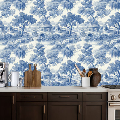 Peel and Stick Wallpaper Vintage Blue White Toile Scenic Countryside Contact Paper Removable Self Adhesive Wall Mural Wall Decor for Bedroom Kitchen Cabinets 24in x 118in