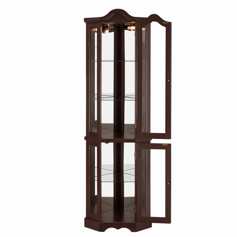 Vitrine d'angle avec portes, tablettes et éclairage en verre trempé, Brun