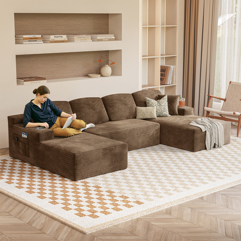 Boneless 141.7" U-Shaped Compression Modular Corduroy Sectional Sofa with 4-Seater, Brown Corduroy