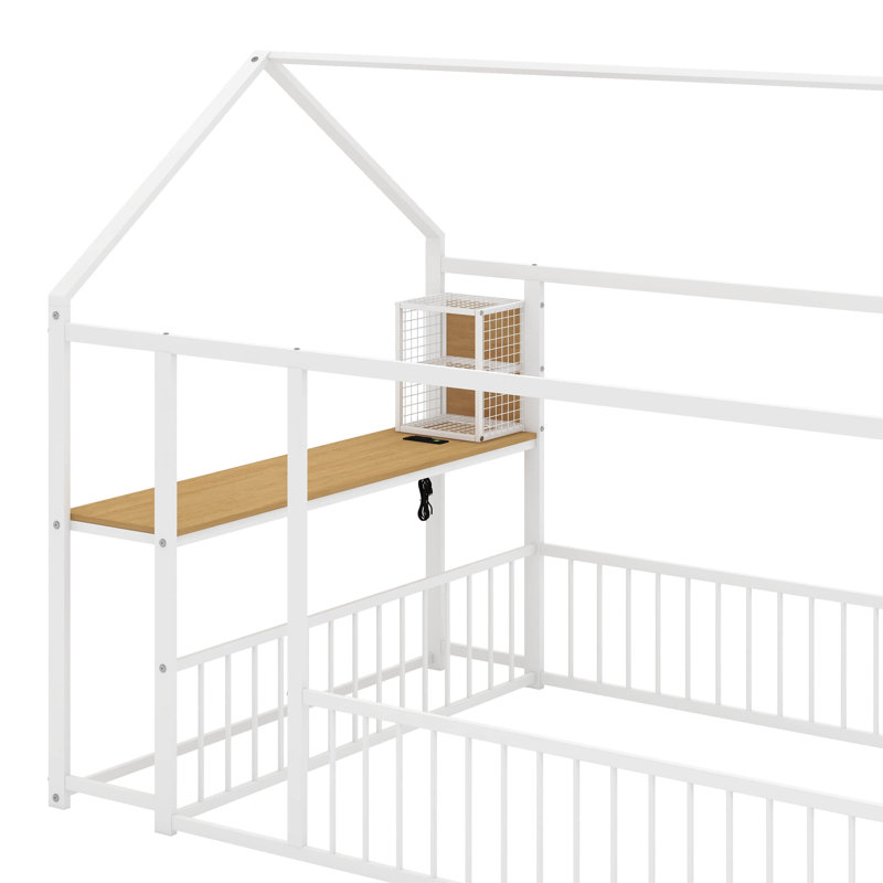 Structure de lit en métal avec bureau, Lit double, Blanc