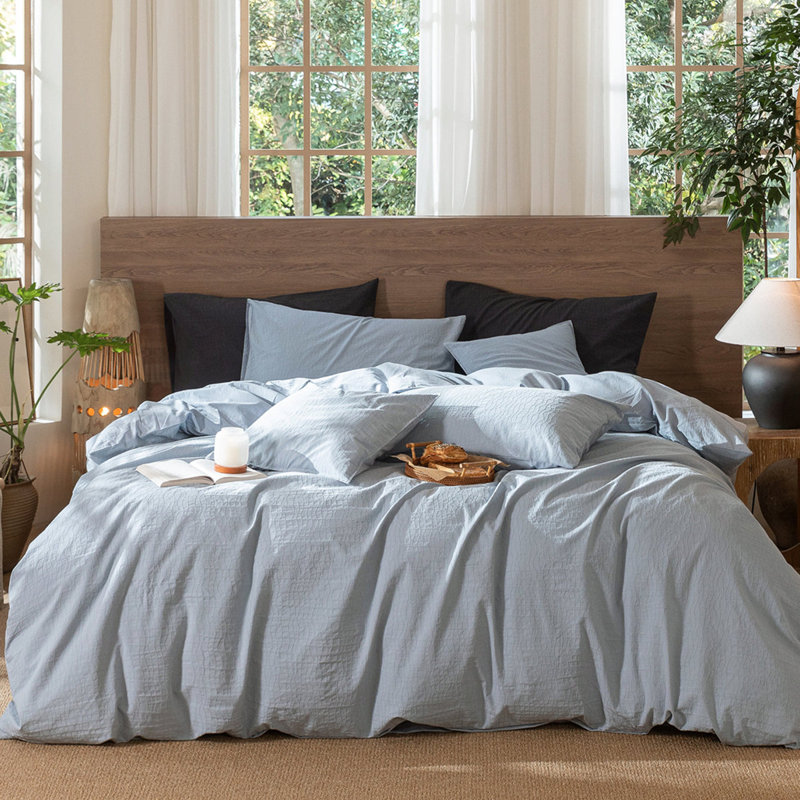 MooMee Wavy Striped Duvet Cover Set 100% Washed Cotton Linen Like Textured Breathable Lightweight, Cornflower Blue