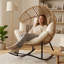 Chaise berçante surdimensionnée en osier avec coussin épais et coussin - Chaise longue intérieure et extérieure, coussin crème