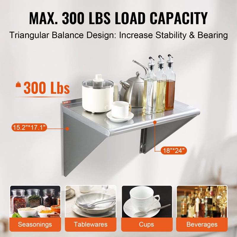 24" Silver Stainless Steel Wall Mounted Kitchen Shelf