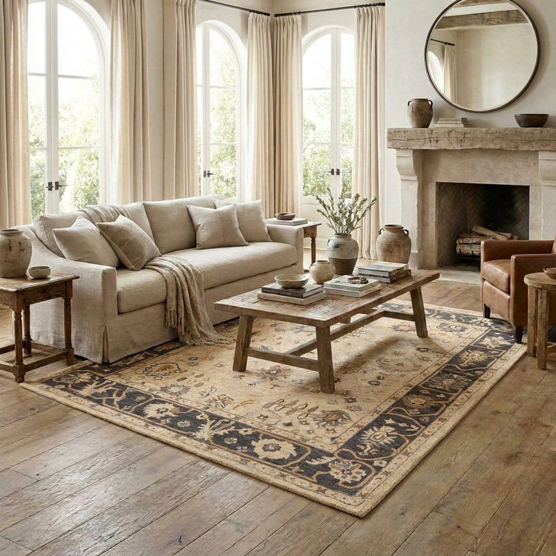 Tapis d'intérieur en laine Tiki, 5 pi 9 po x 8 pi 9 po, Crème / Gris anthracite