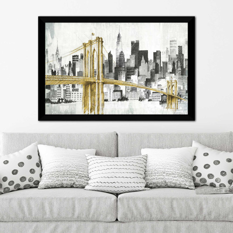 New York Skyline I, pont jaune - Peinture, H 33,5 po x l 49,5 po, Impression encadrée, Noir