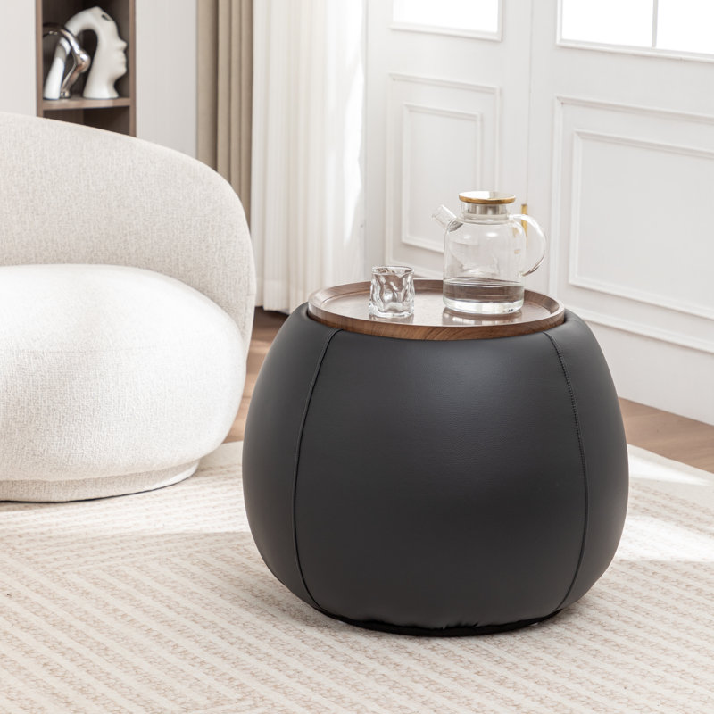Repose-pieds de rangement rembourré avec plateau en bois Pietsch, Black