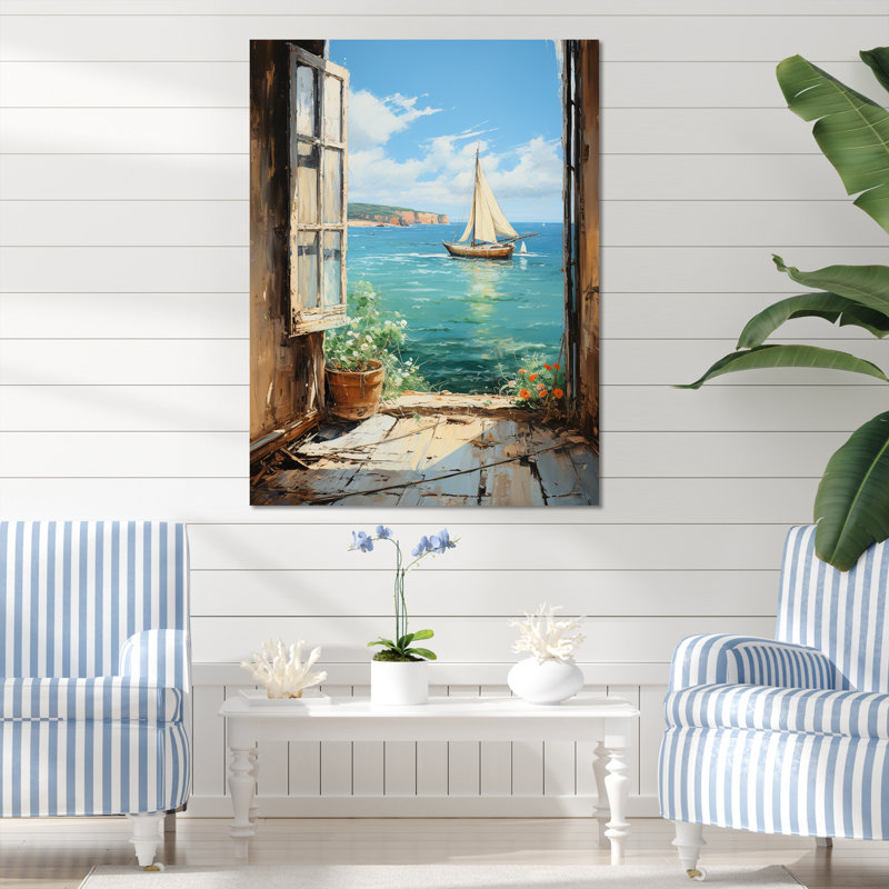 Voilier de bateau, vue sur l'océan II - fenêtres côtières, art mural, Toile tendue, H 40 po x l 30 po x P 1,5 po