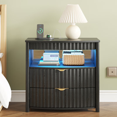 23.6" W 2-Drawers Nightstand with Charging Station & Open Storage, Bedside Table with Sensor Lights