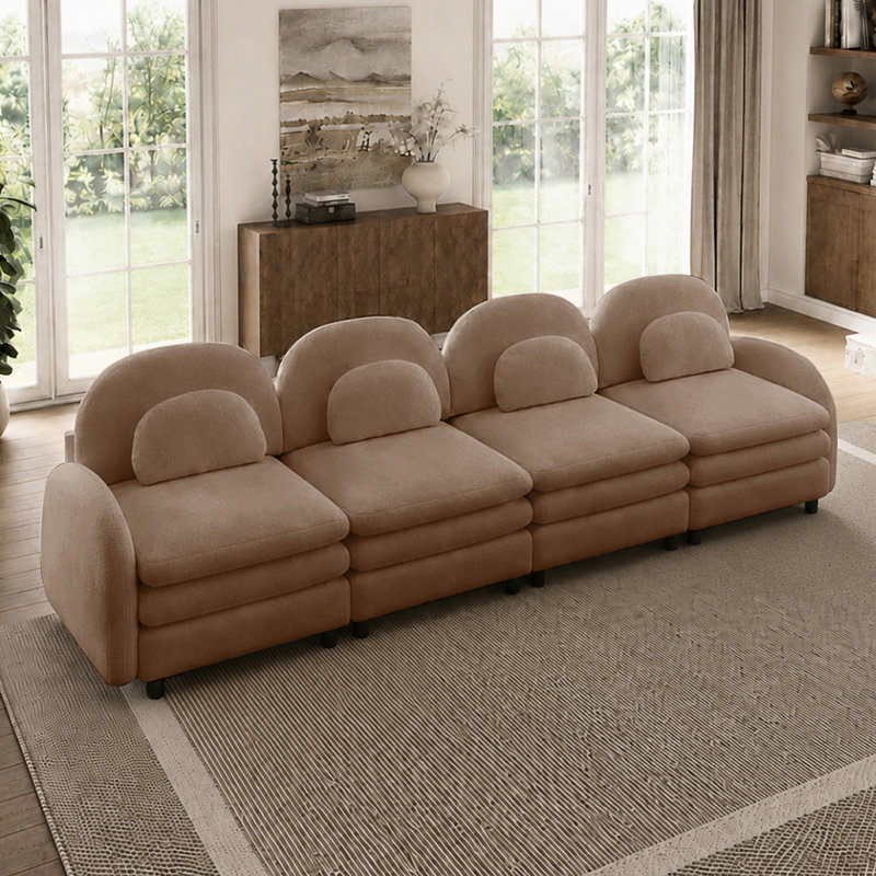 Canapé modulaire courbé 4 places avec coussins double épaisseur et coussins lombaires, Combinaison chameau