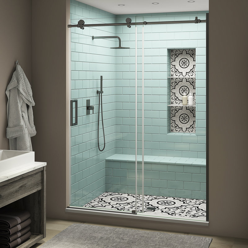Coraline XL 68" W x 80" H Single Sliding Frameless Shower Door, Left Opening, Oil Rubbed Bronze