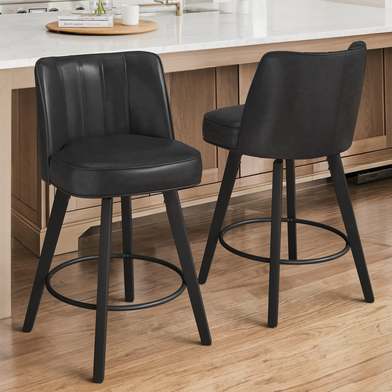 Norflett Solid Wood Swivel Counter Stool, Black Seat/ Black Frame