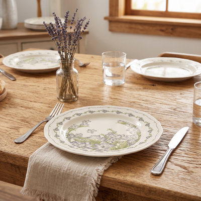 Aaleen 10.4" Scalloped Edge Freesia Floral Ceramic Dinner Plates, Set of 4, Dishwasher Safe