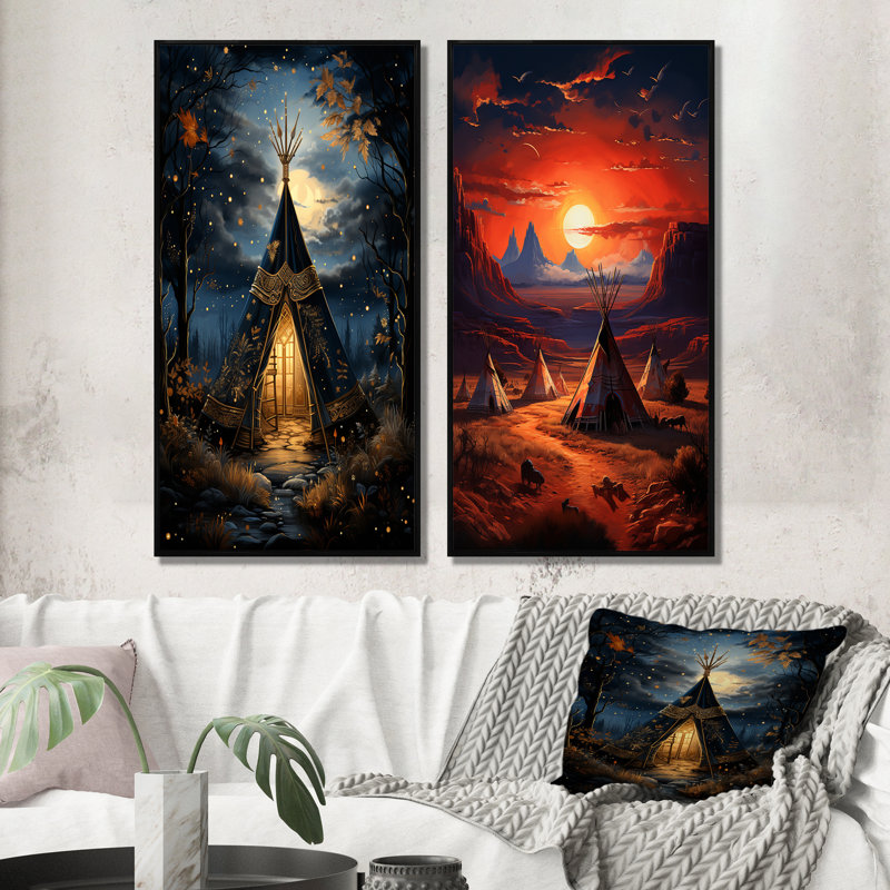 «Blue Native Tipi Celestial Connections», 2 pièces, H 40 po x l 40 po, Cadre noir