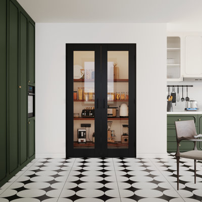 Interior 1-Lite Black & Clear Glass Door, CARB P2 MDF & SGCC Tempered Glass French Doors, Includes Frame & Matte Black Hardware-Ball Catches & Hinges & Handles, Pre‑Finished & Waterproof, Pantry, Bedroom, Bathroom & Closet, Easy DIY Stain, 48"x 80"