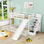 Lit superposé simple au dessus d'un lit double en bois avec glissoire, tablettes et escalier-116930050