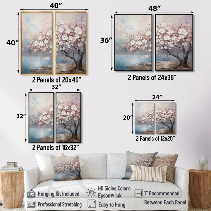 Fleur de cerisier rose et gris I - art mural traditionnel, Ne s’applique pas, Toile tendue sur cadre, H 36 po x l 48 po