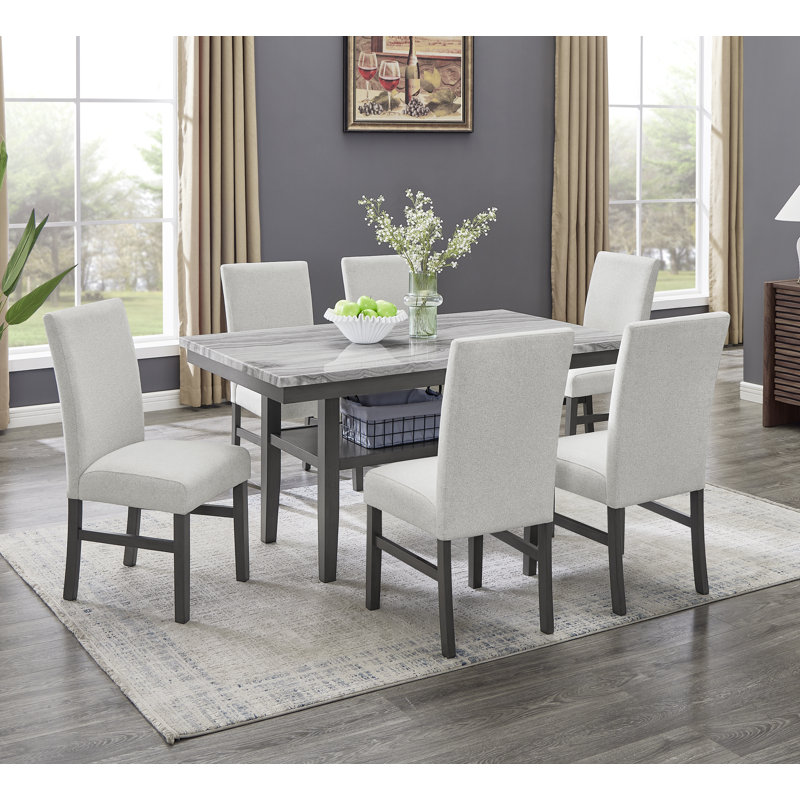 Dunsizer 7-Piece 60" Rectangular Gray Faux Marble Top Dining Set With 6 Upholstered Chairs And Storage Shelf In Gray Finish