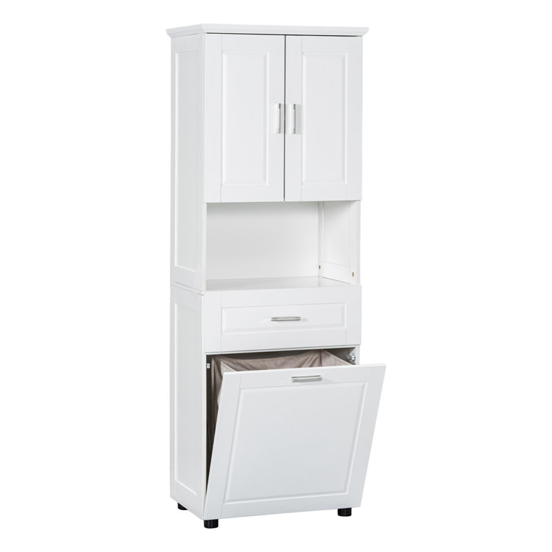 Tall Bathroom Cabinet With Laundry Basket, Large Storage Space Tilt-Out Hamper And Upper Cabinet, White