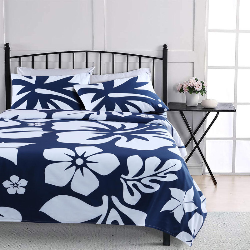 Ensemble de draps 100% coton Floral, Ensemble de draps pour lit double + un drap-housse, Motif floral marine