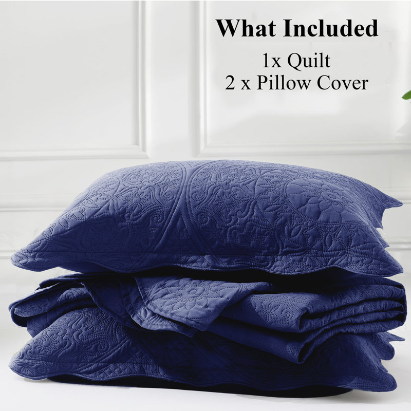 Microfiber Floral Embossed Reversible Quilt Set, King Quilt + 2 King Shams, Navy