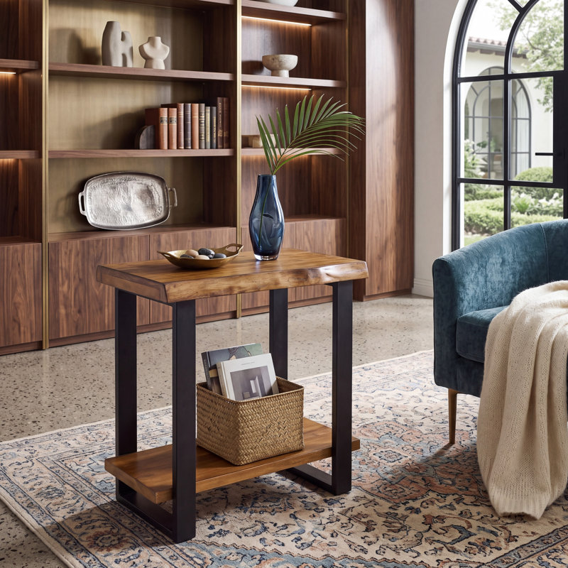 Table d'appoint en bois massif de 25,6 po, table d'appoint industrielle avec bord vivant pour chambre à coucher et salon