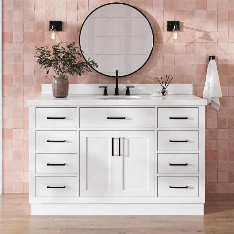 Meuble-lavabo simple en bois massif 54 po avec lavabo à quartz blanc 1,5 po Thornaby, Blanc / noir mat, Ovale